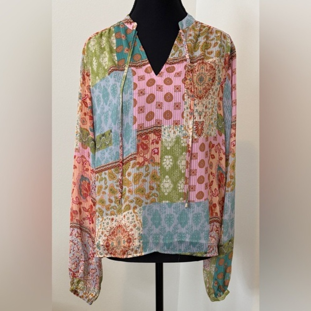 Maison d'Amelie Paris Patchwork Metallic Pleated Boho Blouse Pink Green M